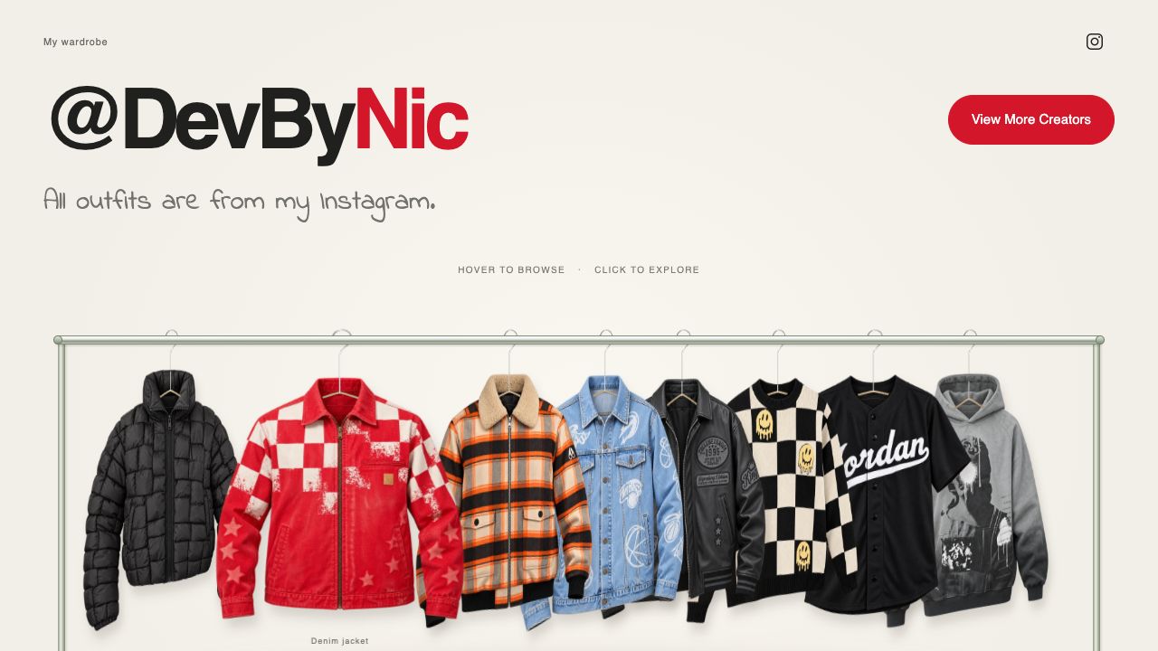 DevByNic’s virtual wardrobe, showing Instagram outfits on an interactive clothing rack.