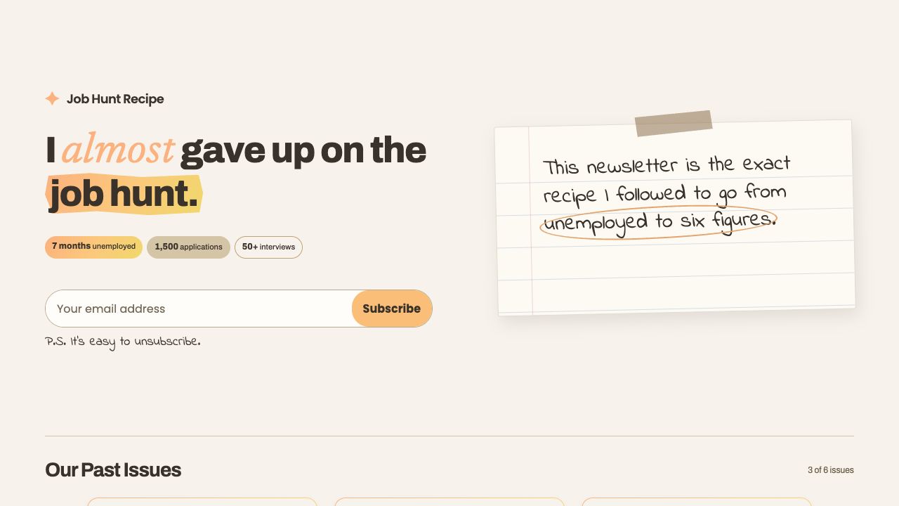 Job Hunt Recipe homepage with the job hunt story, newsletter signup, and handwritten note.