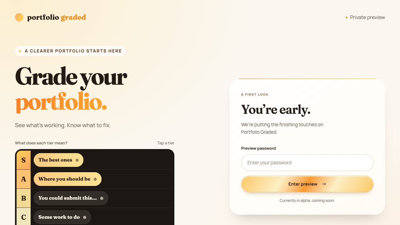 Portfolio Graded’s public alpha entrance with portfolio tiers and its coming-soon message.