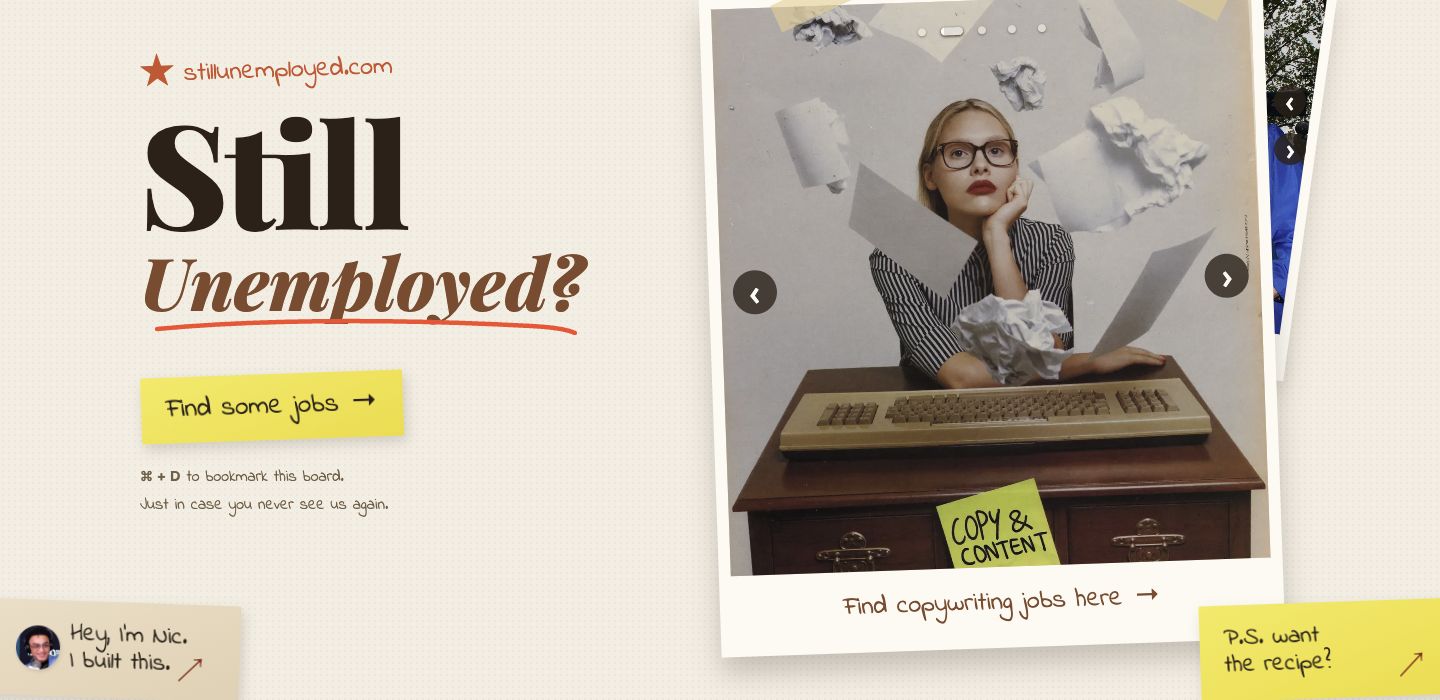 StillUnemployed homepage with its handwritten notes and job category photograph.